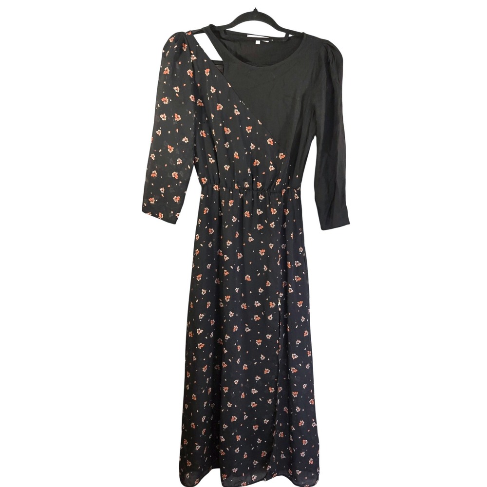 Patrizia Pepe Black Floral Asymmetrical Cutout Midi Dress IT 38 US 2 Italy Made